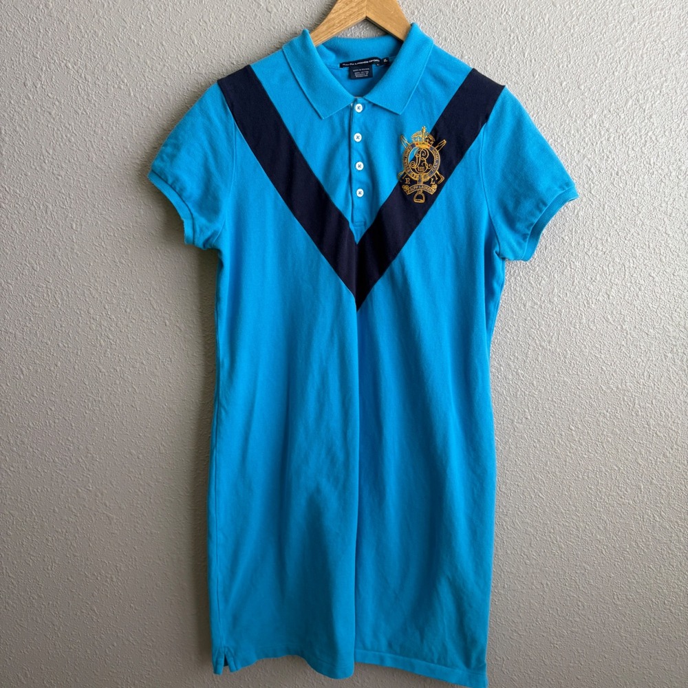 Ralph Lauren Sport Vintage Blue Cotton Riding Crest Short Sleeve Polo Dress XL